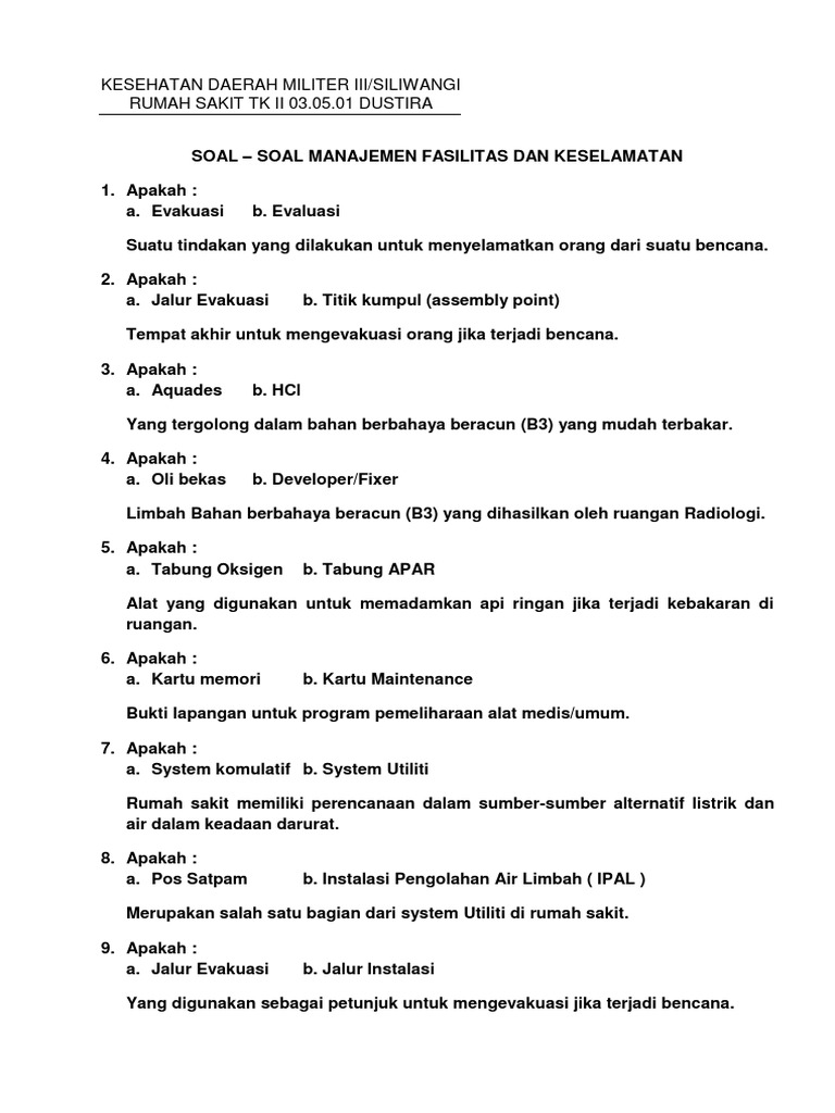 Soal Post Tes Penanggulangan Kebakaran Dirumah Sakit