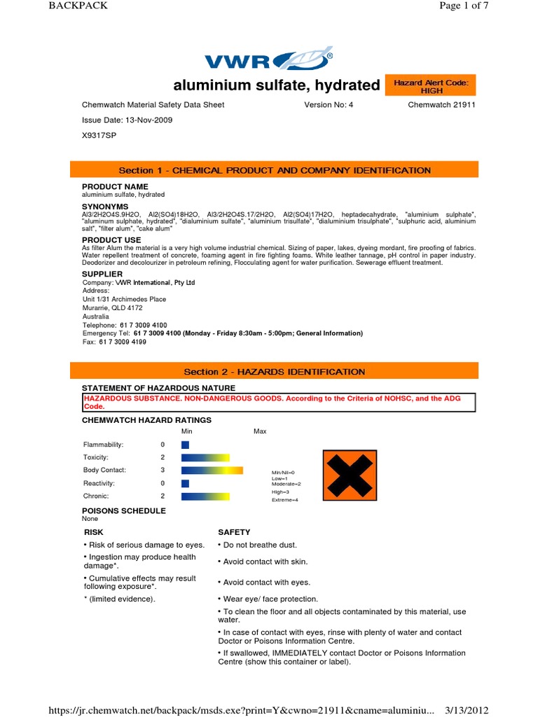 Aluminium Sulfate, Hydrated 7784318 MSDS Dangerous Goods Aluminium