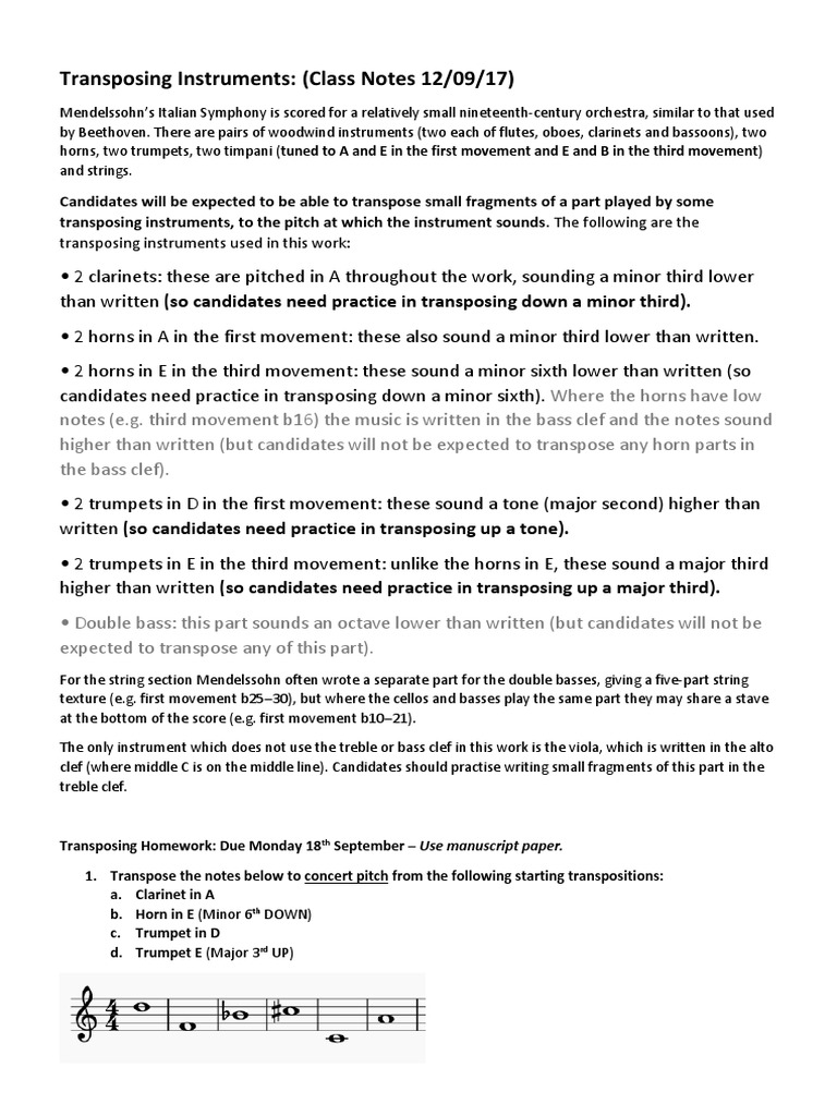 Transposing Instruments Lesson 6 PDF Clef Double Bass