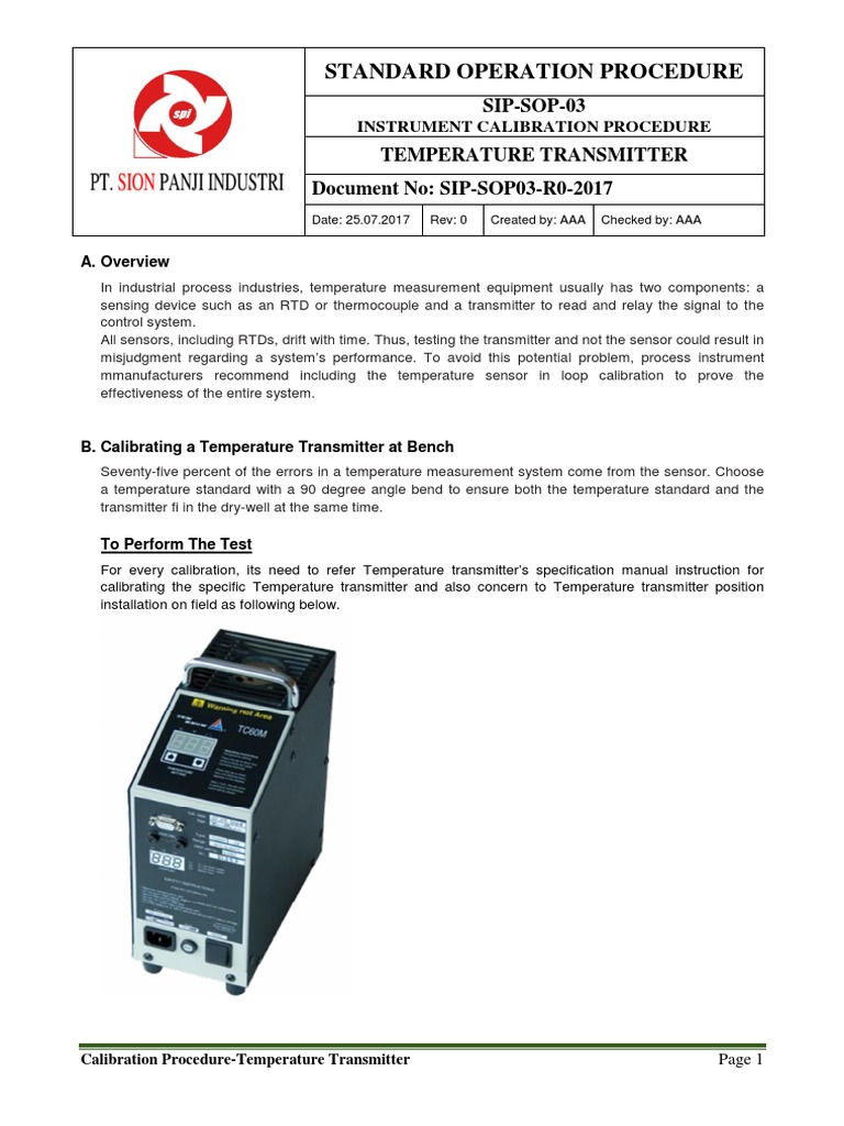 SIPSOP03R02017 SOP Temperature Transmitter Calibration PDF Calibration Sensor