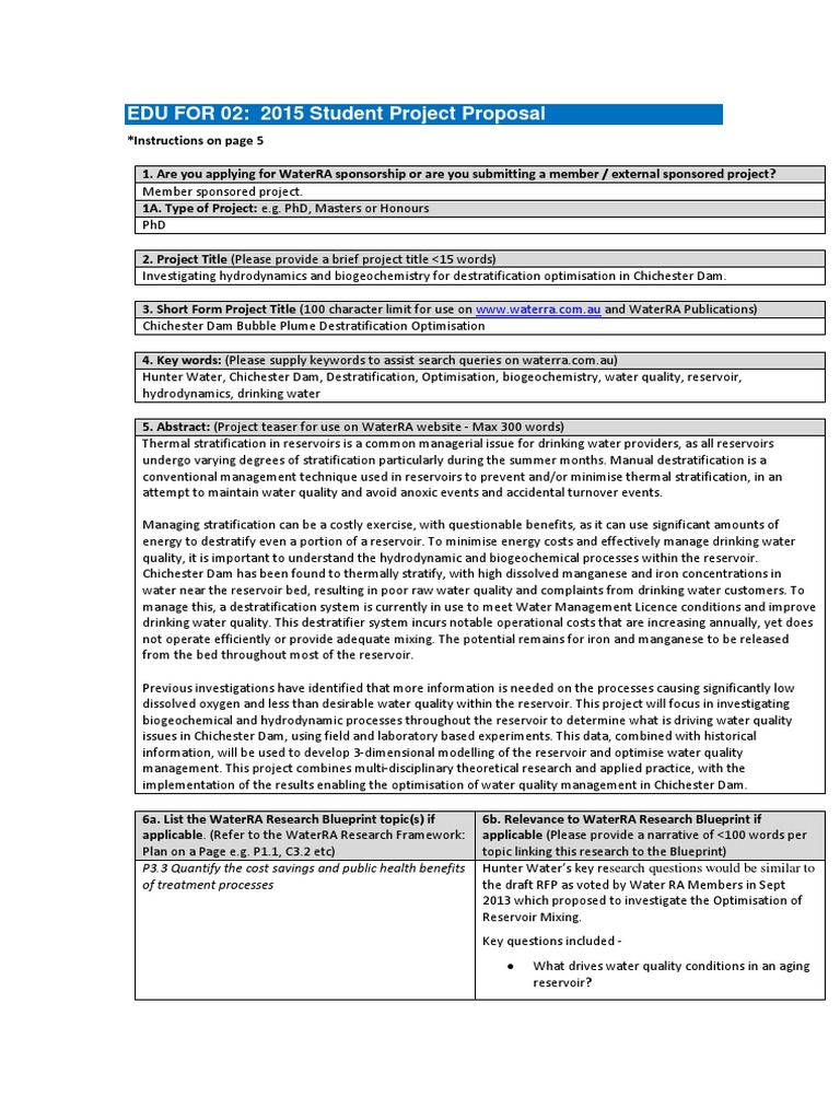 4511 15 2015 Phd Project Proposal Hunter Water Reservoir Doctor Of Philosophy