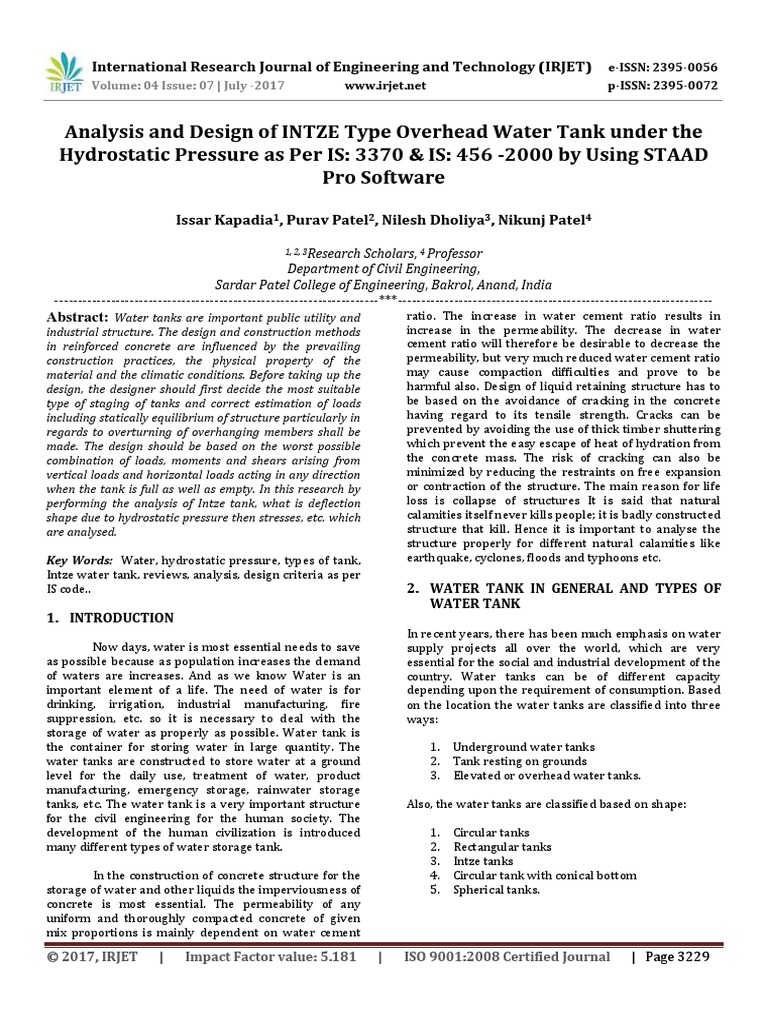 Analysis and Design of INTZE Type Overhead Water Tank Under The