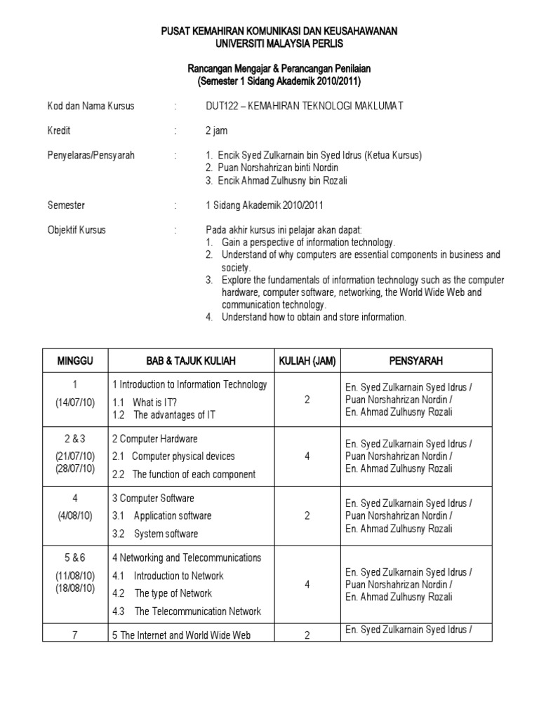 Rancangan Pengajaran Mingguan  Information Technology 
