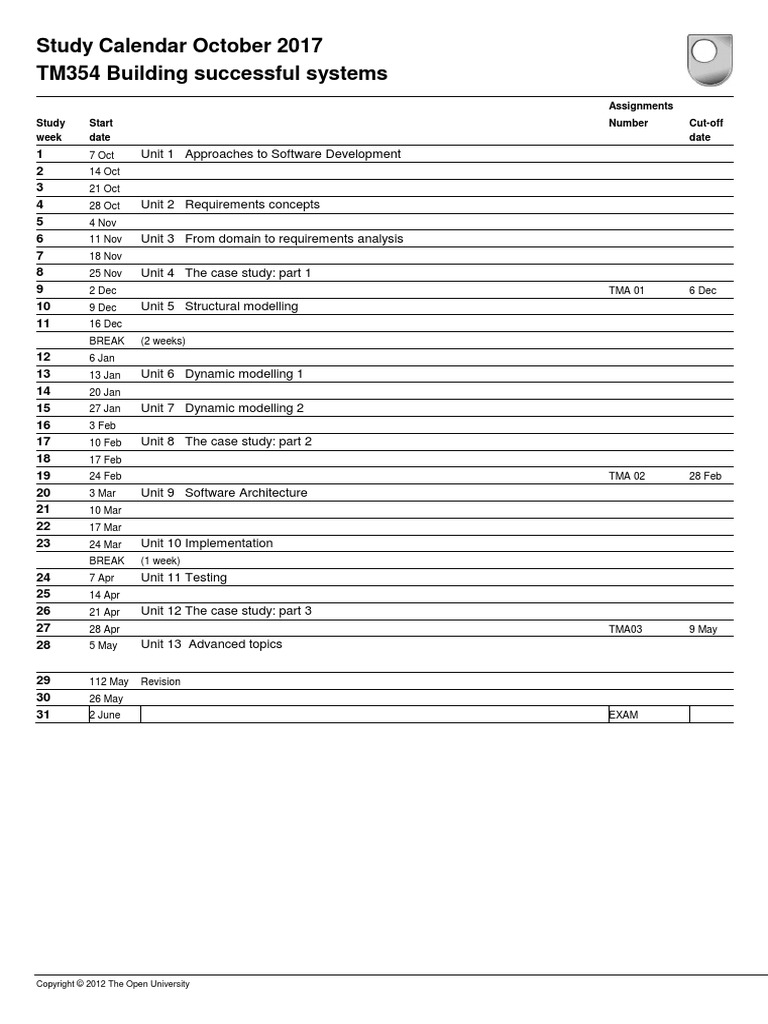 Study Calendar October 2017 TM354 Building Successful Systems | PDF ...