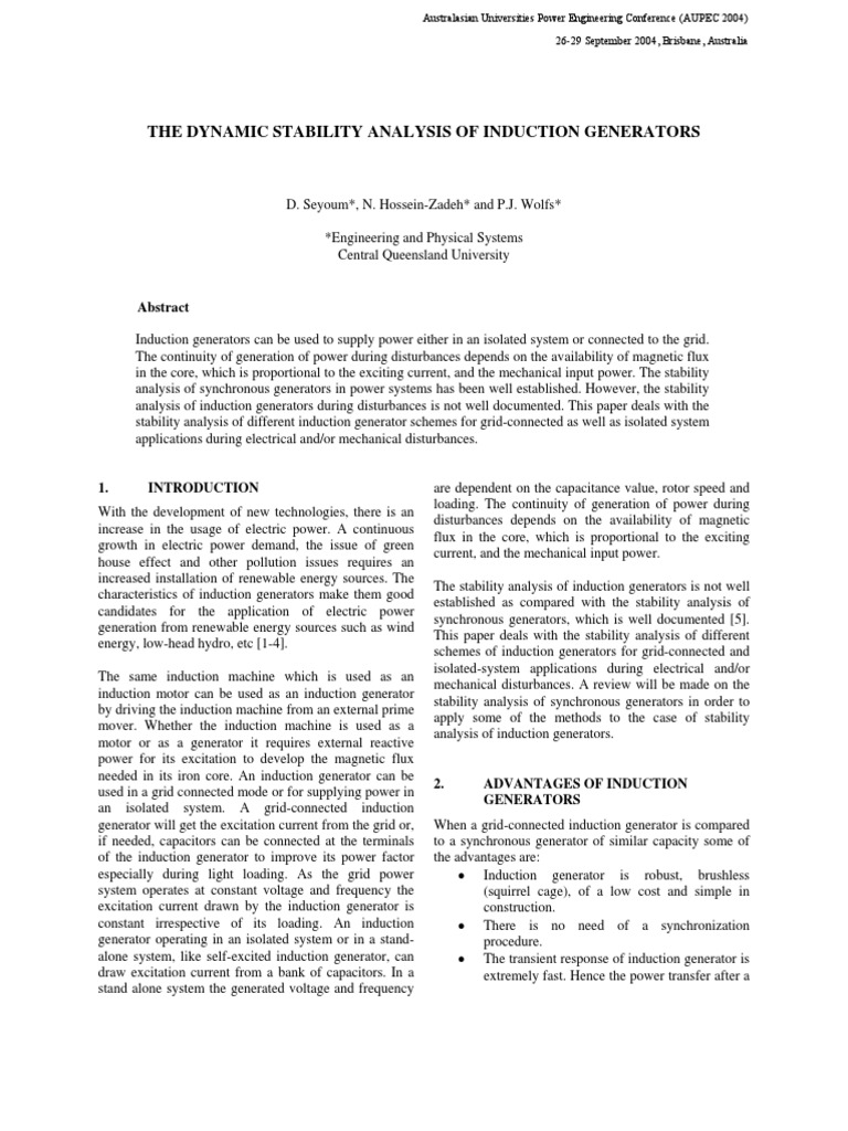 Induction Generator Stability Analysis | PDF | Electromagnetic ...