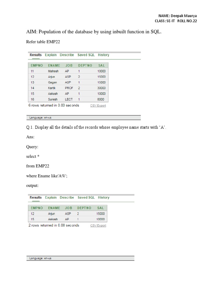 Inbuilt Function In Sql