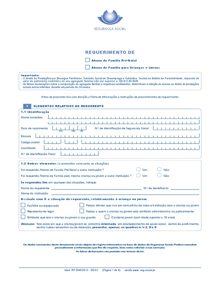 Requerimento Abono de Familia - RP - 5045 - DGSS | PDF | Conta de ...
