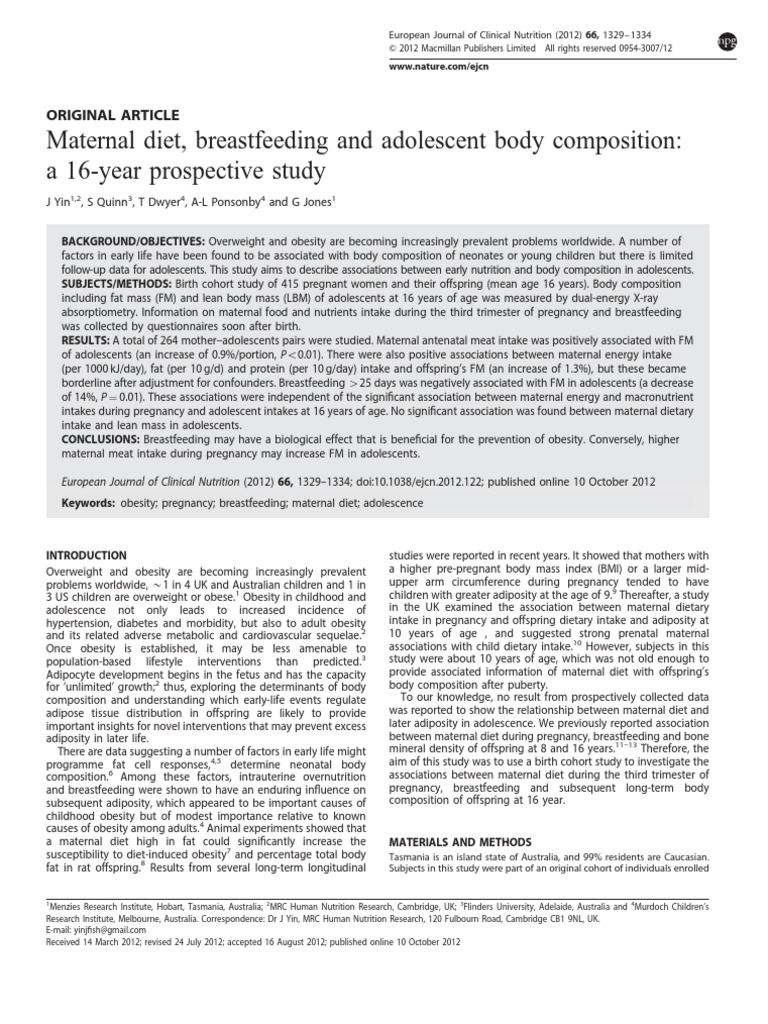 Maternal Diet and Adolescent Obesity Study | PDF | Obesity | Body Mass ...