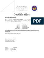 Certification: Republic of The Philippines Province of Negros Occidental Municipality of Candoni Municipal Health Office