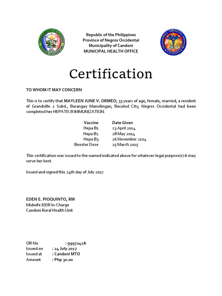 Hepatitis B Immunization Certificate | PDF