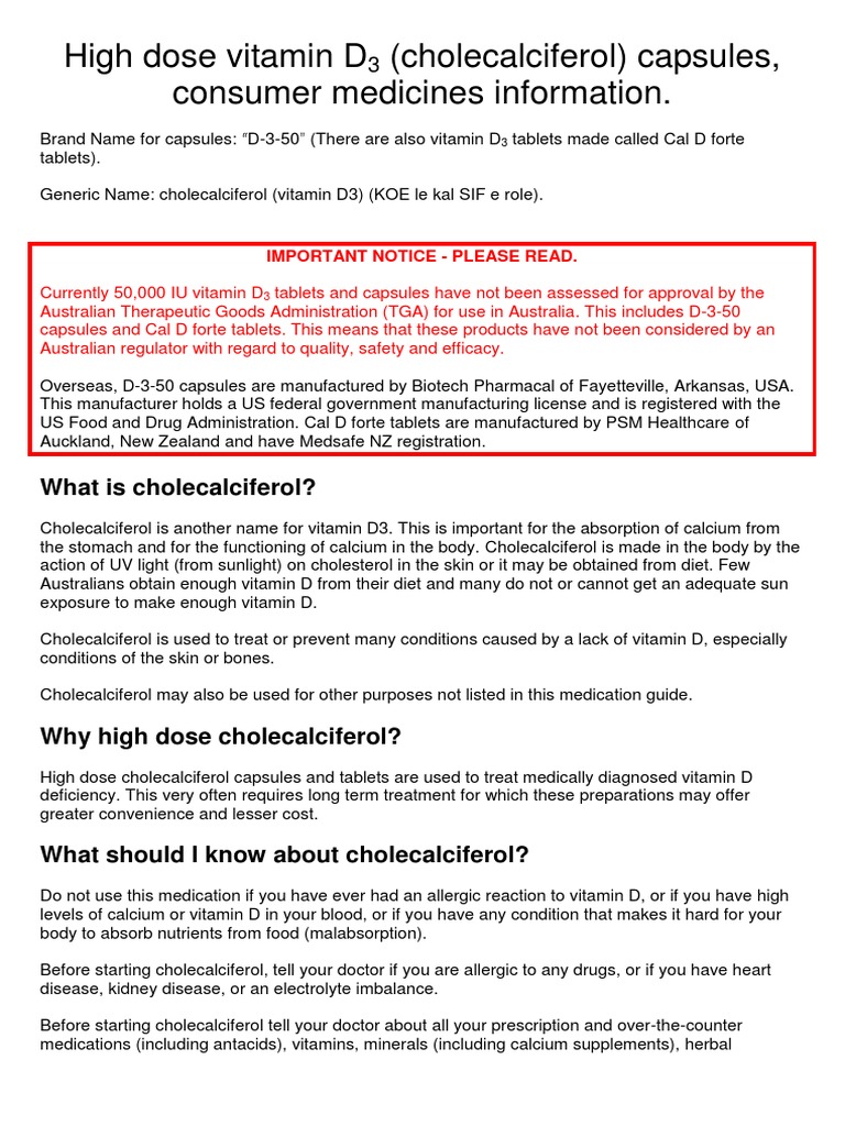 High Dose Vitamin D (Cholecalciferol) Capsules, Consumer Medicines