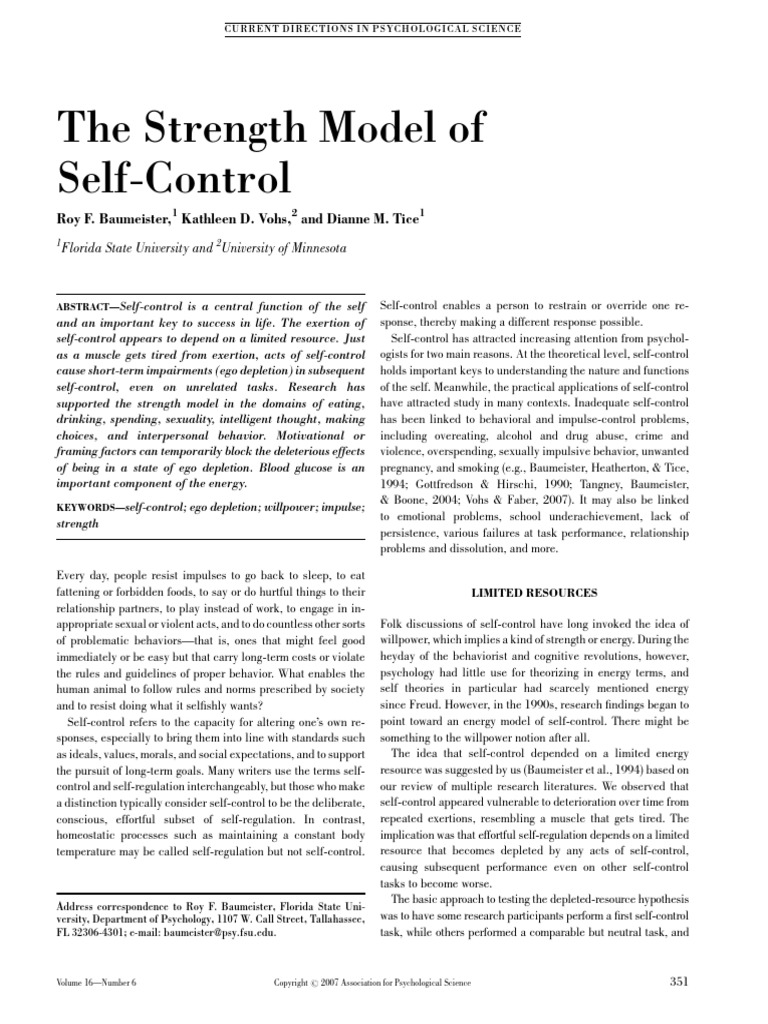Baumeister Et Al 2007 - The Strength Model of Self-Control | PDF | Self ...