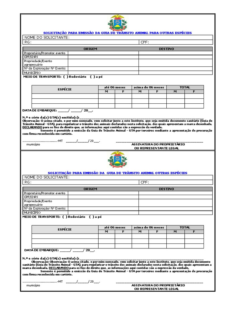 Solicitação Guia de Trânsito Animal Outras Especies MT PDF Tráfego