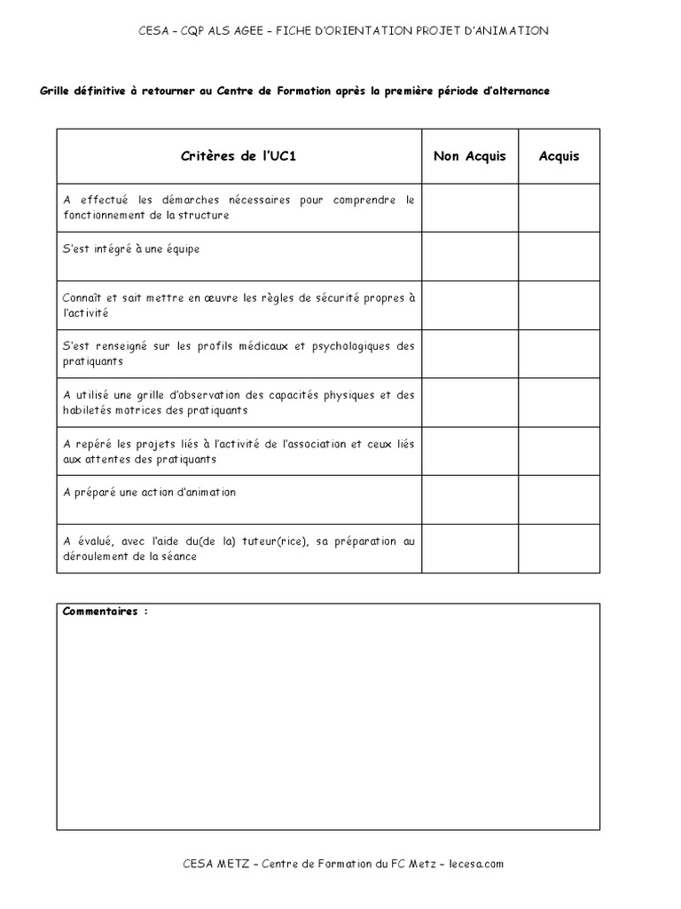 Exemple Projet D Animation Cqp Als Agee Critère D'évaluation UC1 | PDF | Sécurité | Psychologie