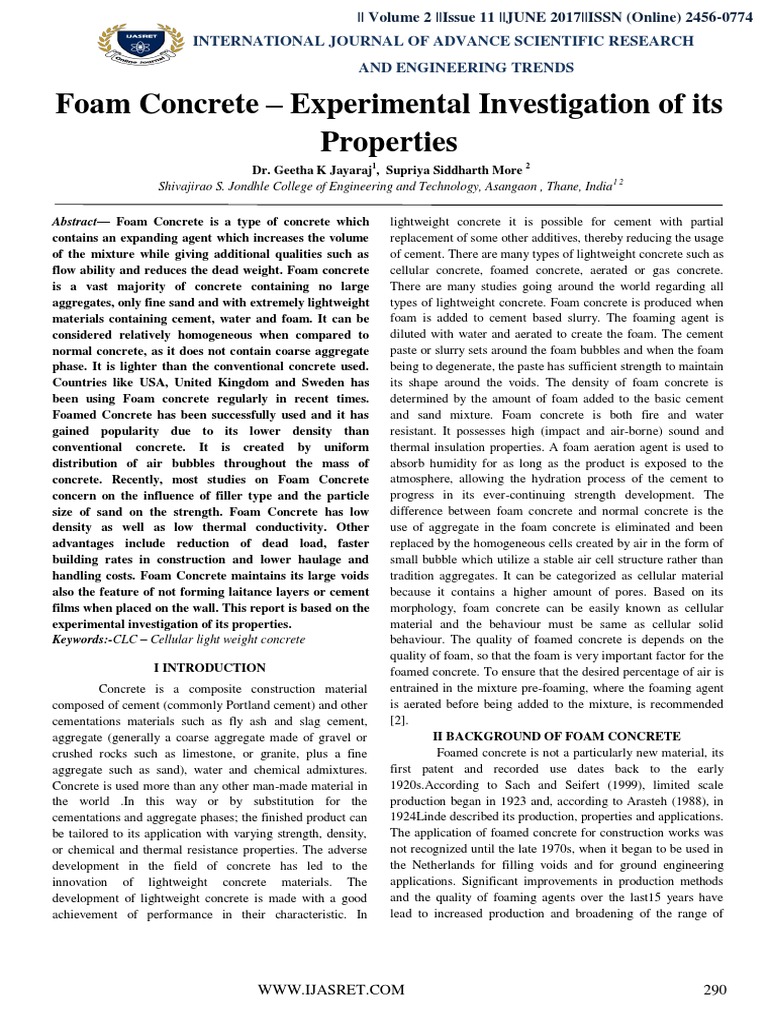 Foam Concrete Experimental Investigation Of Its Properties Download