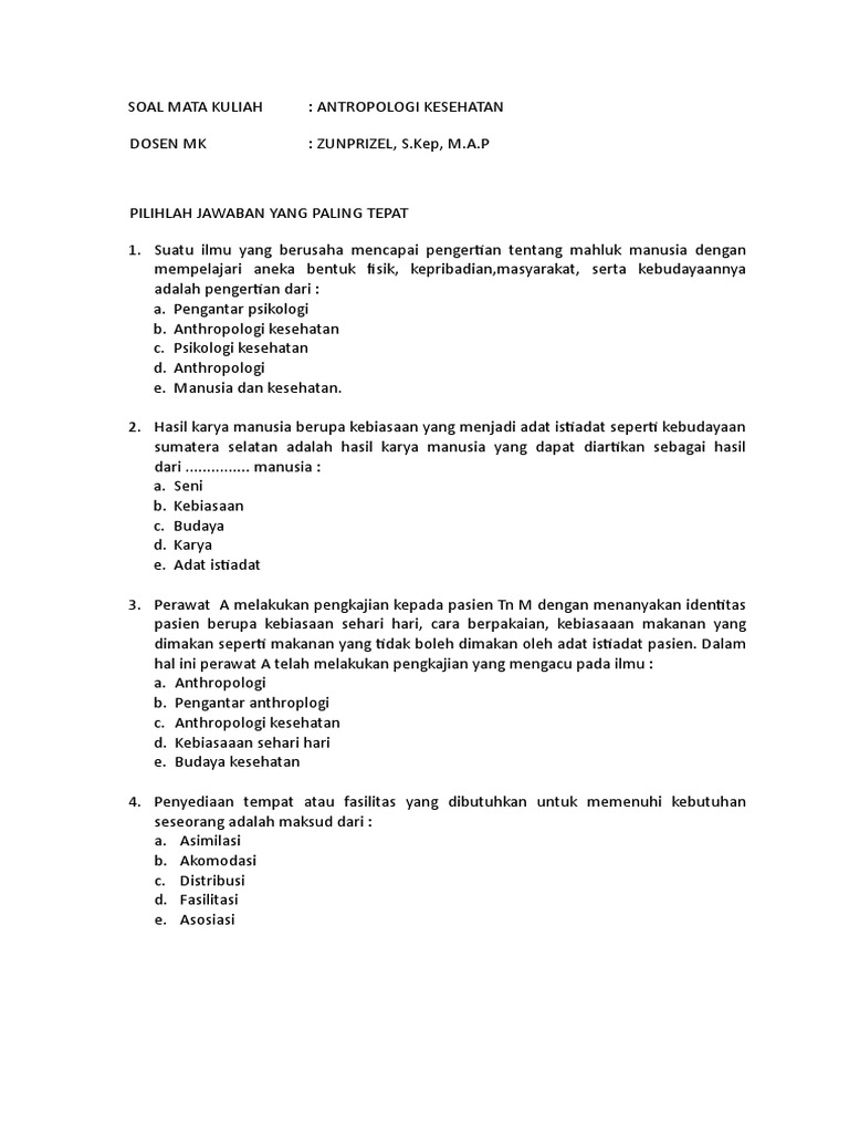 Soal Antropologi Kesehatan Zunprizel