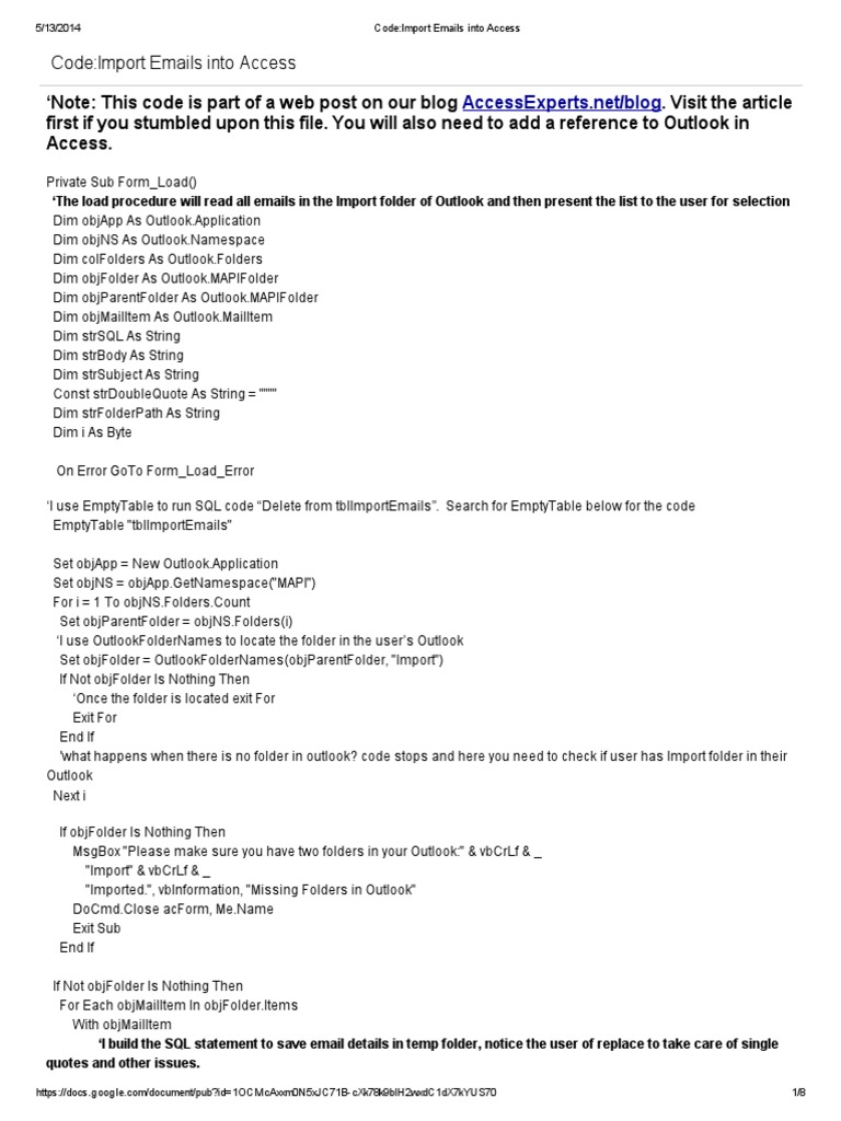 Code Import Emails Into Access | PDF | Microsoft Outlook | Email