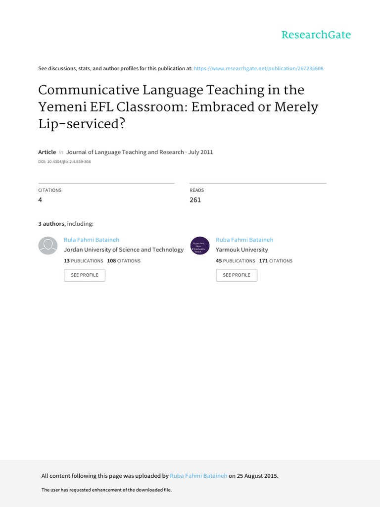 Communicative Language Teaching in The Yemeni EFL | PDF | English As A ...
