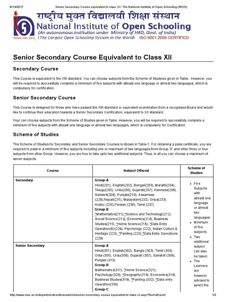 Senior Secondary Course Equivalent To Class XII The National
