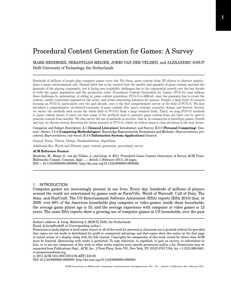 Procedural Content Generation For Games: A Survey: ACM Reference Format ...