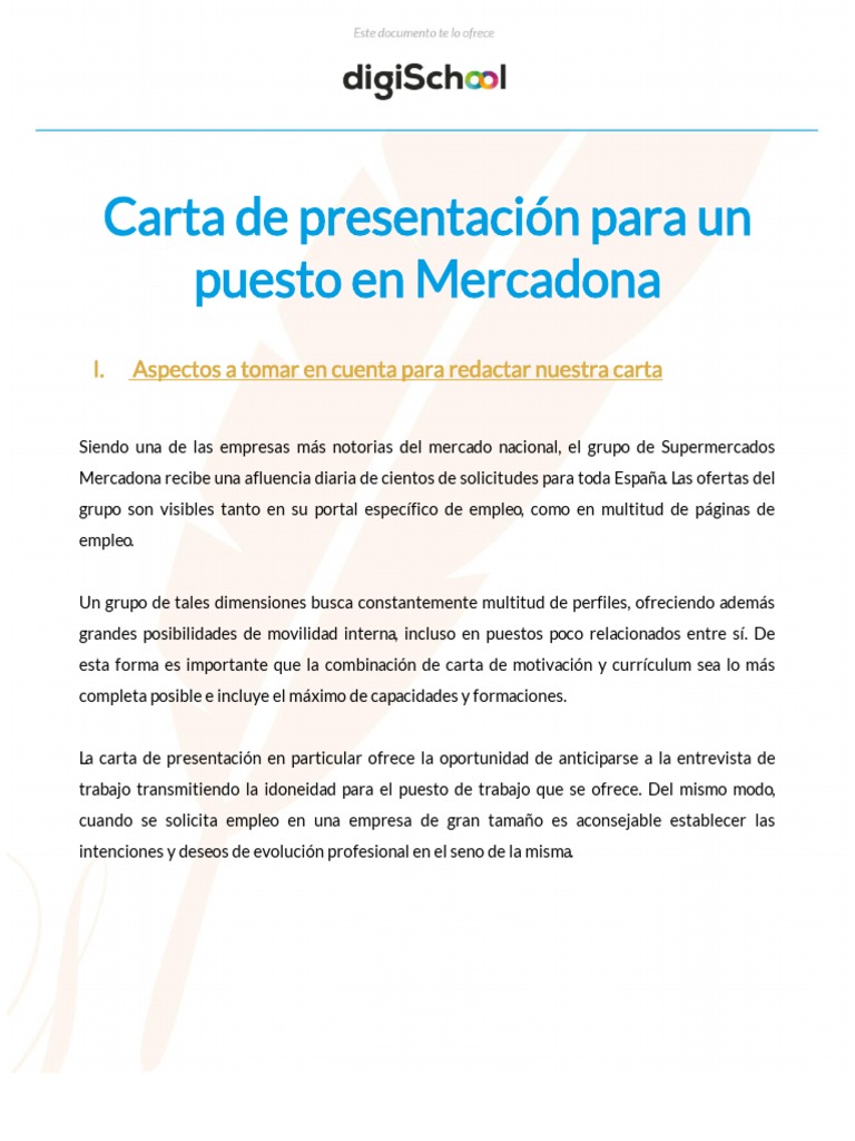 Carta De Presentacion Para Un Puesto En Mercadona Madrid Marketing