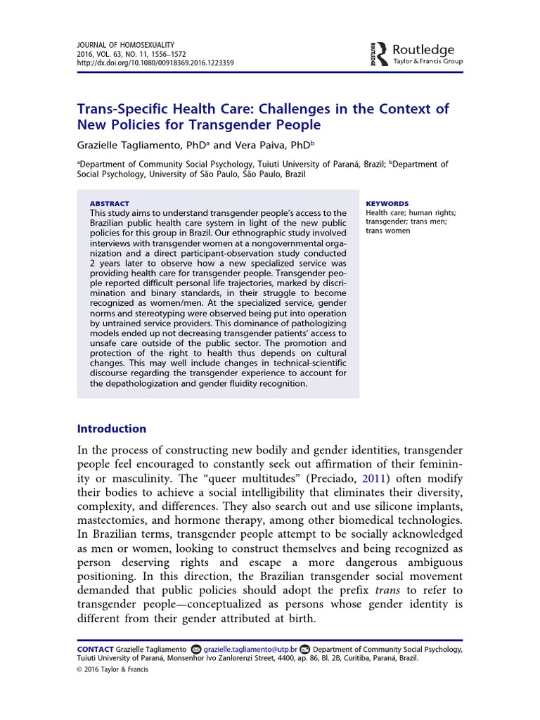Trans Specific Health Care Challenges in The Context of New Policies ...