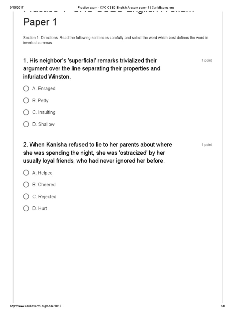 Practice Exam - CXC CSEC English a Exam Paper 1 _ CaribExams | Further