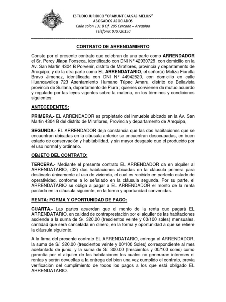 Contrato De Arrendamiento Alquiler Actualizado 06 De Junio Del 2017