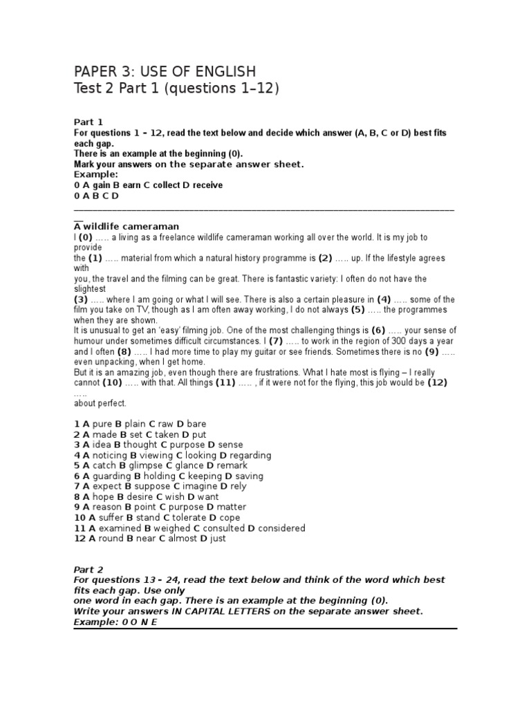 Paper 3: Use of English Test 2 Part 1 (Questions 1-12) | PDF | Tourism ...