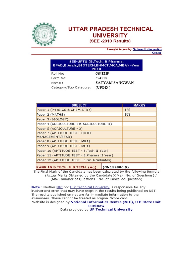 UPTU SEE 2010 Results Overview | PDF