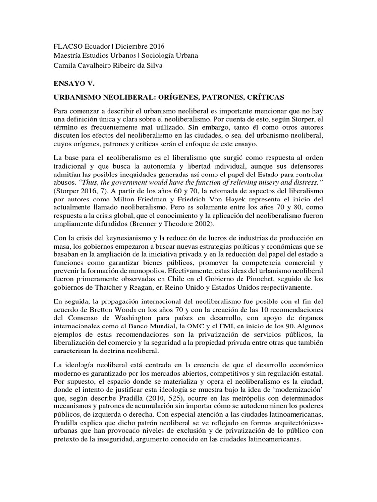 Ensayo v Urbanismo Neoliberal Orígenes, Patrones, Críticas