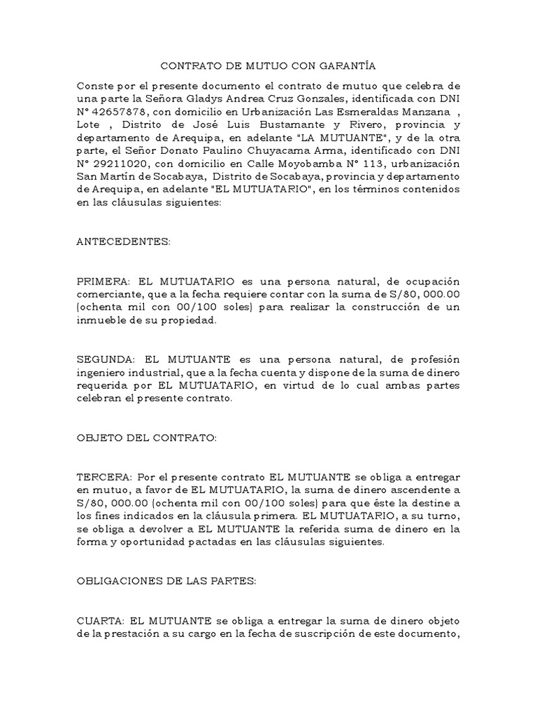 Contrato de Mutuo Con Garantía Hipotecaria 1 Gobierno Política