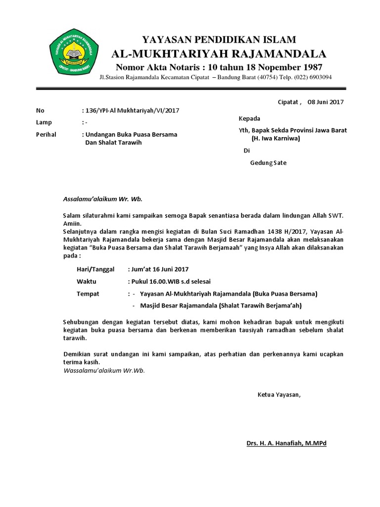 Surat Undangan Buka Puasa Bersama Yayasan