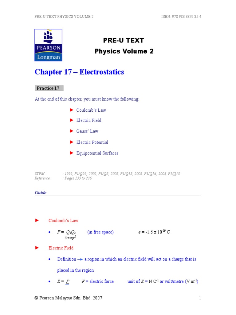 Chapter 17 - Electrostatics: Pre-U Text Physics Volume 2 | PDF ...