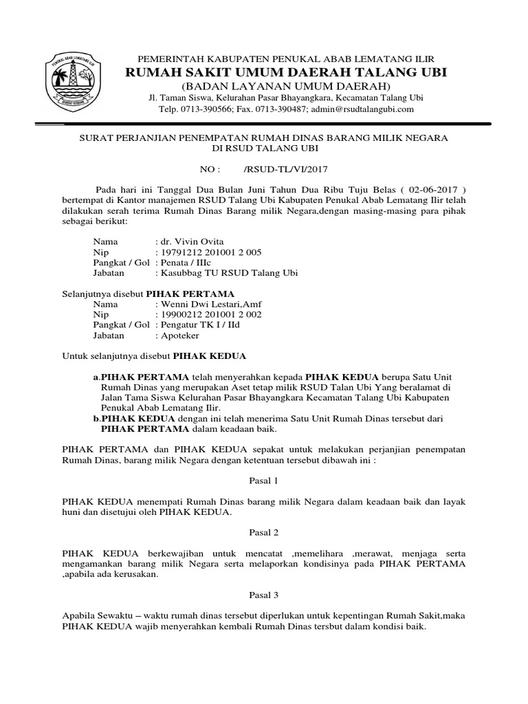 Surat Perjanjian Jam Pakai Rumah Dinas Docx