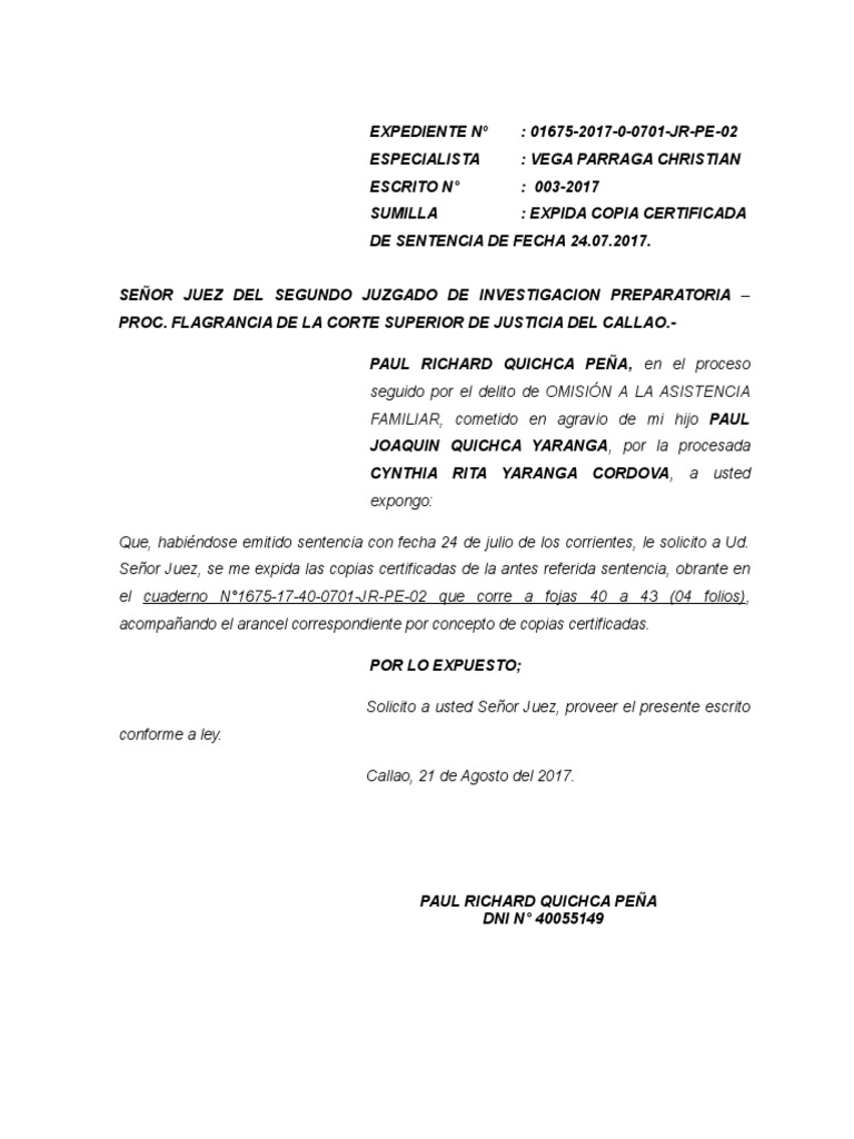Modelo de Escrito, Solicitando Copia Certificada de Sentencia | PDF