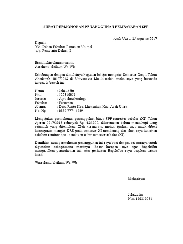 Surat Permohonan Penangguhan Pembayaran Spp Surat Permohonan Penangguhan Pembayaran Spp