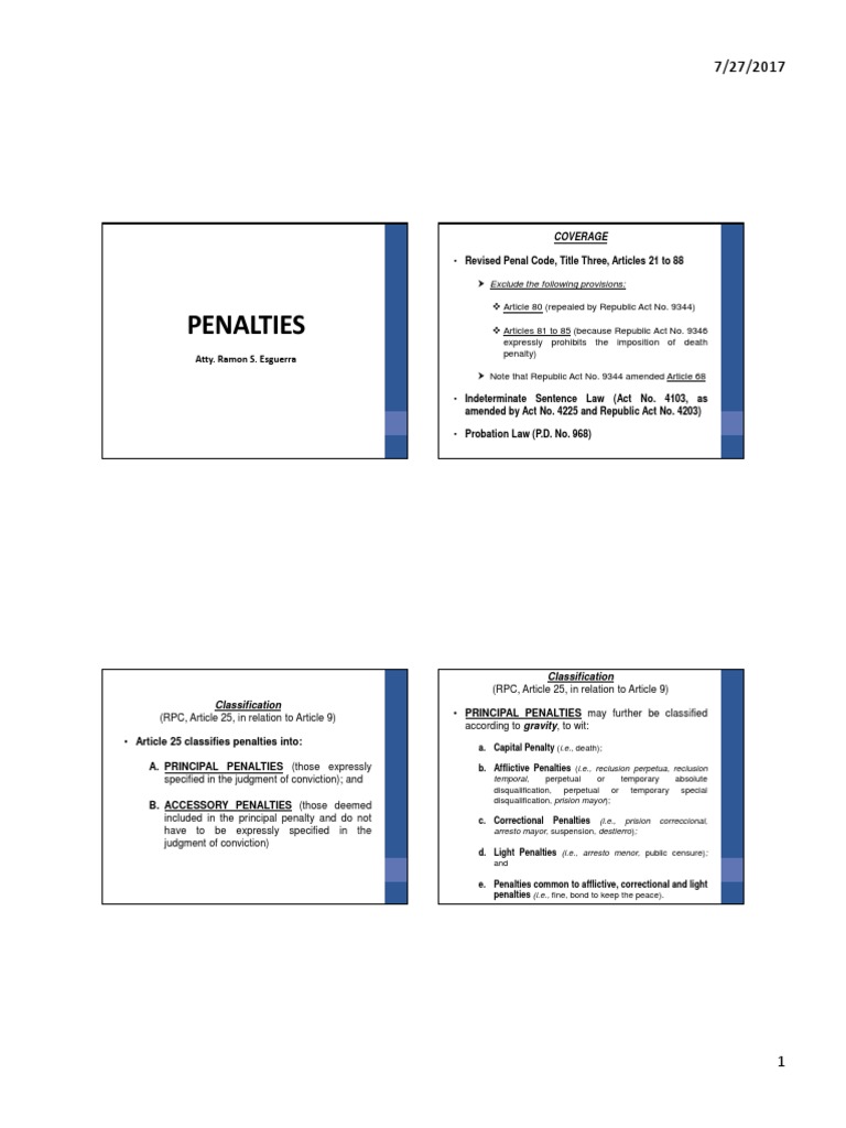 Classification of Penalties in RPC | PDF | Felony | Crime & Violence