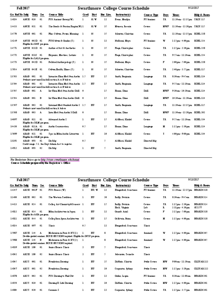 Swarthmore College Course Schedule PDF