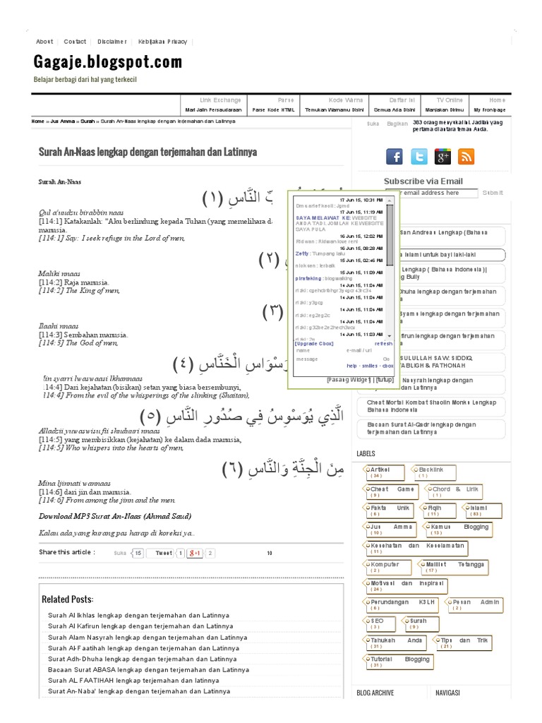 Surah An Naas Lengkap Dengan Terjemahan Dan Latinnya