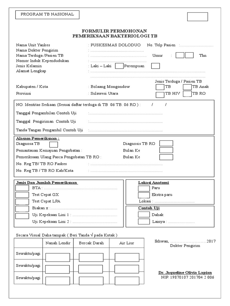 Formulir Permohonan Laboratorium Tb Untuk Pemeriksaan Dahak Imandi Tb