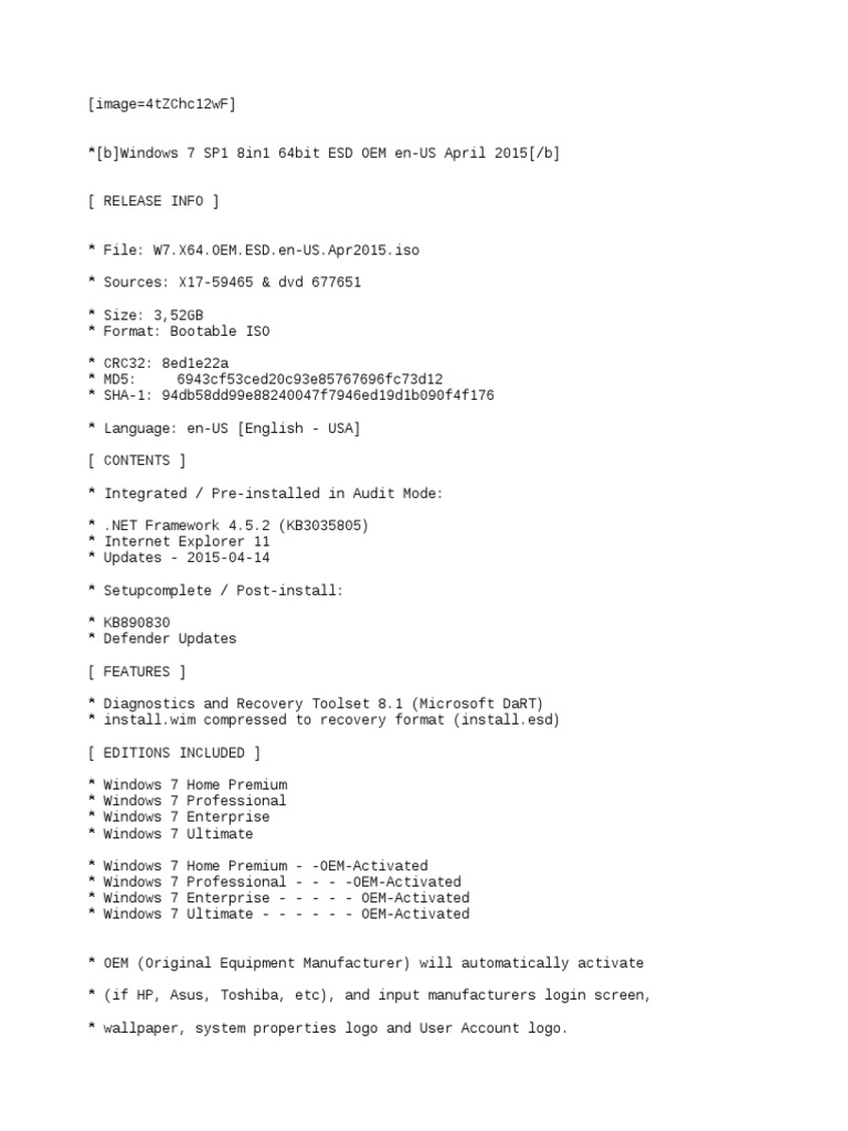 Windows 7 SP1 8in1 64bit ESD OEM En-US April 2015 | PDF | Windows.