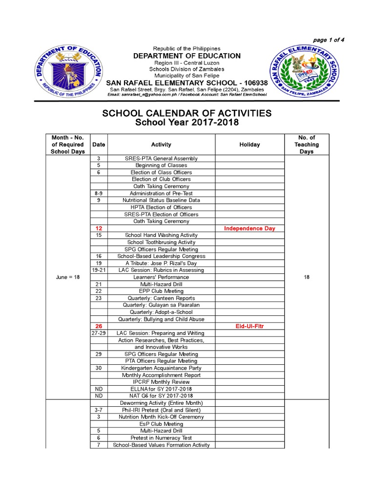 School Calendar of Activities Holidays Observances