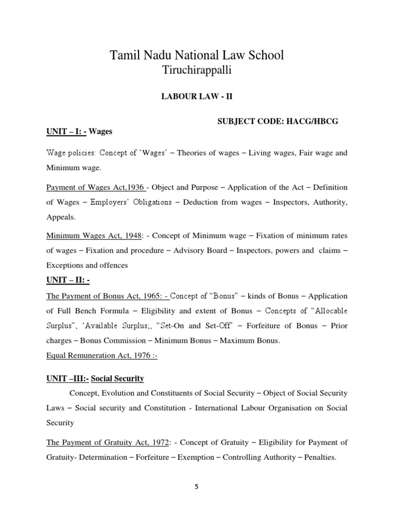 Labour LawII Syllabus KG (1) Wage Social Security (United States)