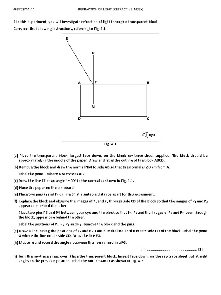 Experiment Refraction of Light (Refractive Index) PDF Refraction