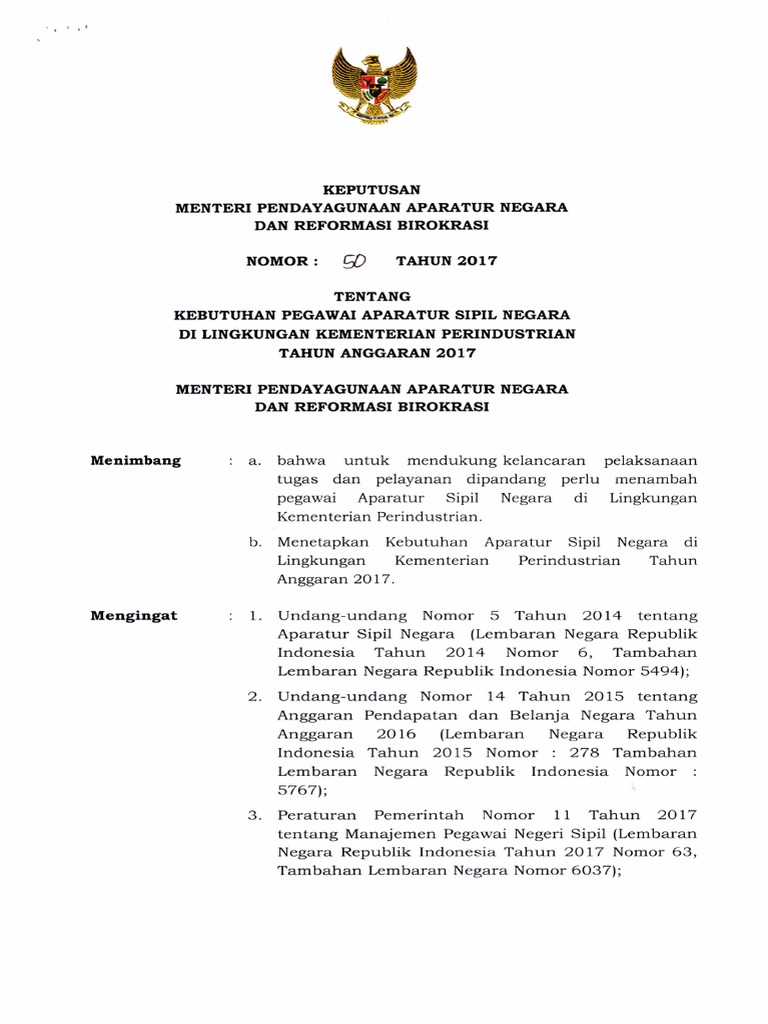 Surat Keputusan MENPANRB Tentang Kebutuhan Pegawai ASN | PDF