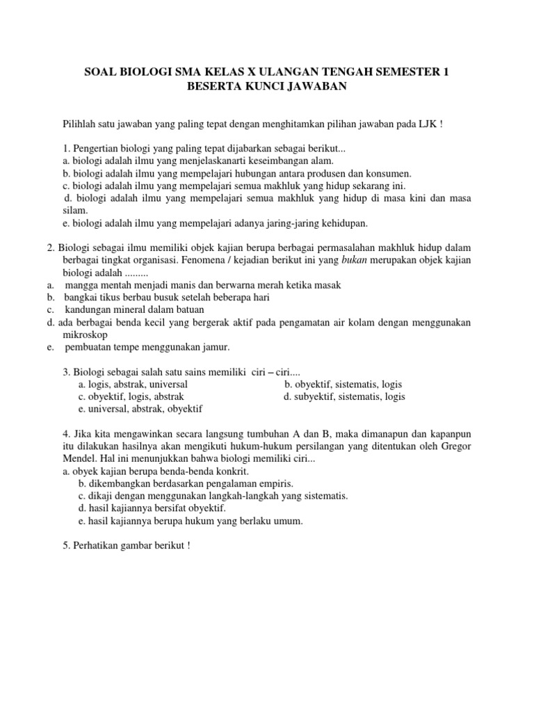 Soal Biologi Sma Kelas x Ulangan Tengah Semester 1 Beserta