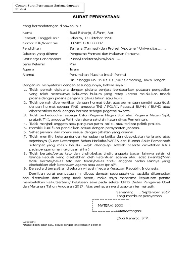 Form Surat Pernyataan Terkait Persyaratan BPOM