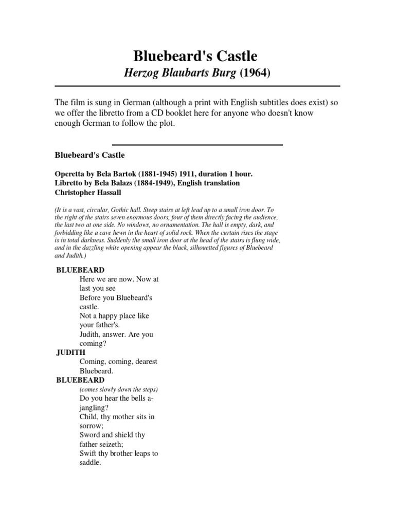Bela Bartok - Bluebeard's Castle English Libretto | PDF