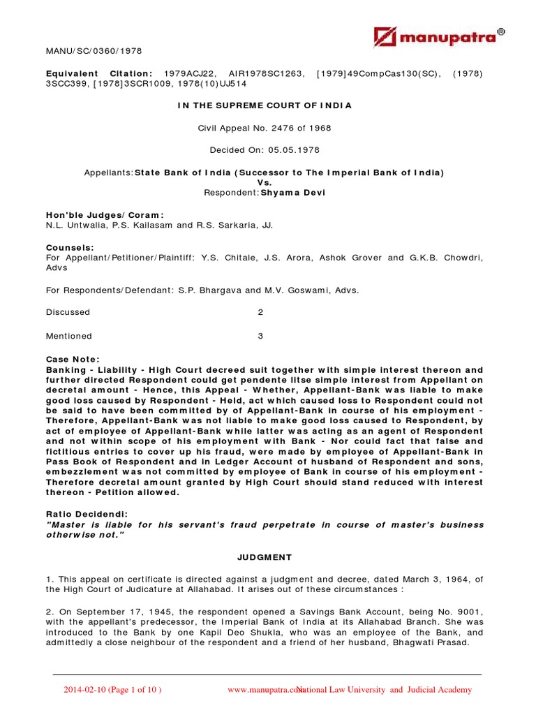 SBI V Shyama Devi | PDF | Cheque | Common Law